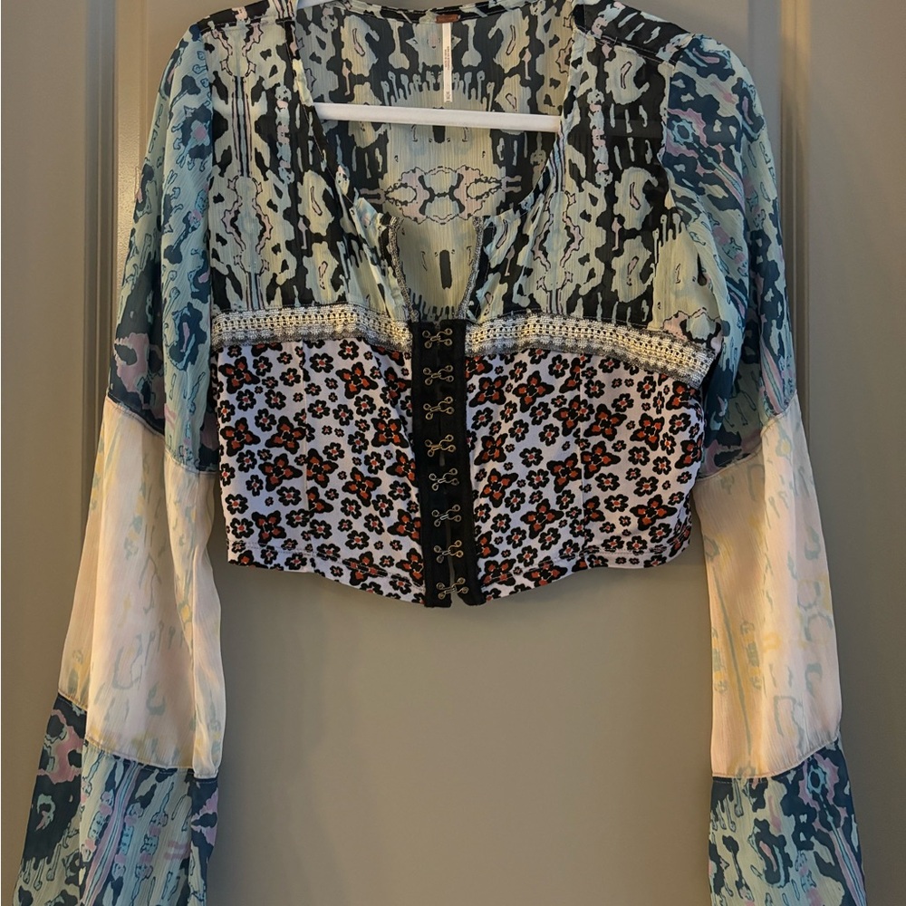 NEW Free People Blue Green Embellished Crop Blouse